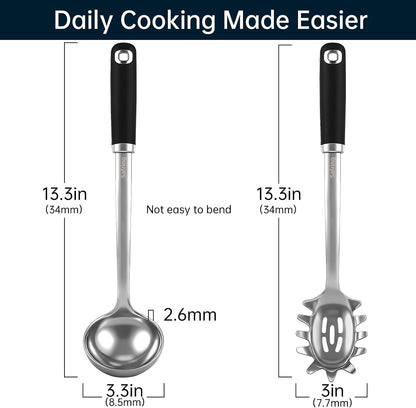 Stainless Steel Soup Ladle and Spaghetti Spoon Set, Heat Resistant Rubber Handle, Dishwasher Safe, Kitchen Utensils for Cooking, Stirring, Serving Pasta, Soup & Sauce