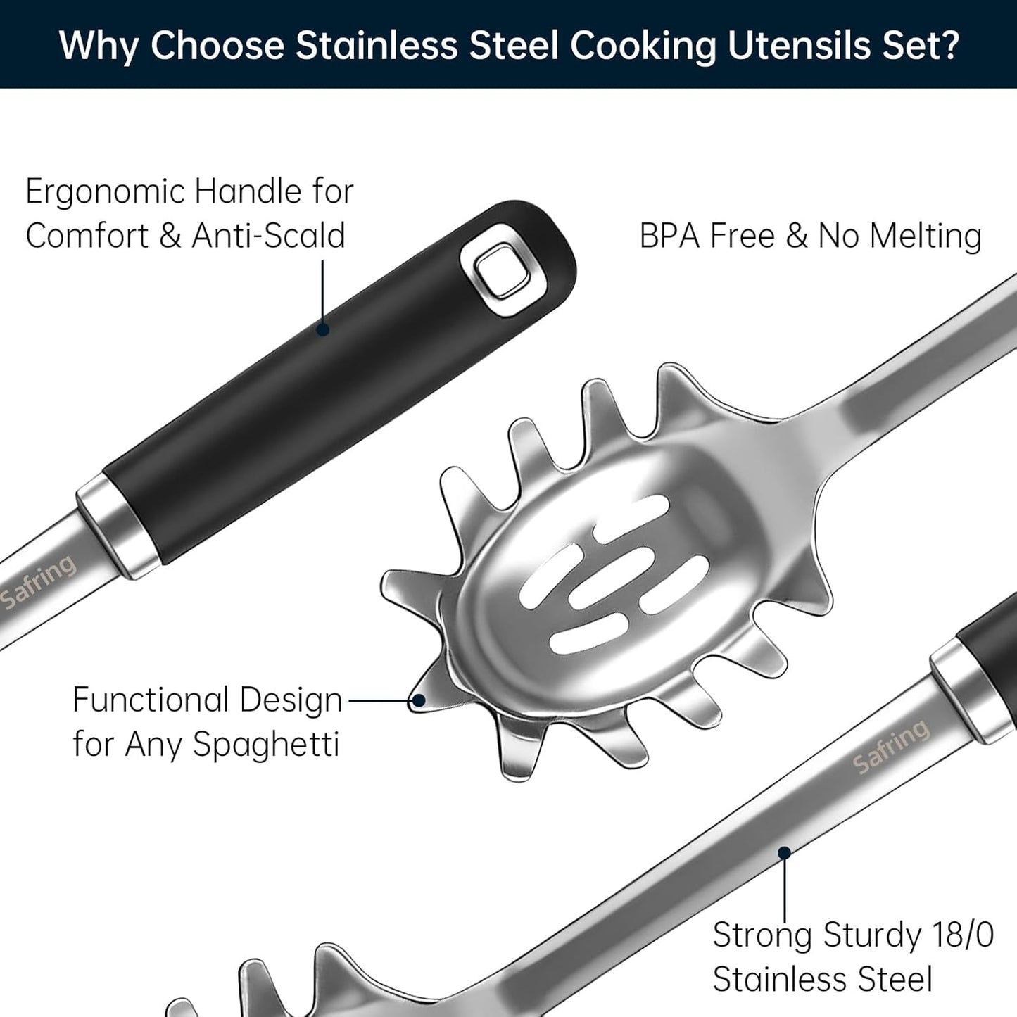 Stainless Steel Soup Ladle and Spaghetti Spoon Set, Heat Resistant Rubber Handle, Dishwasher Safe, Kitchen Utensils for Cooking, Stirring, Serving Pasta, Soup & Sauce