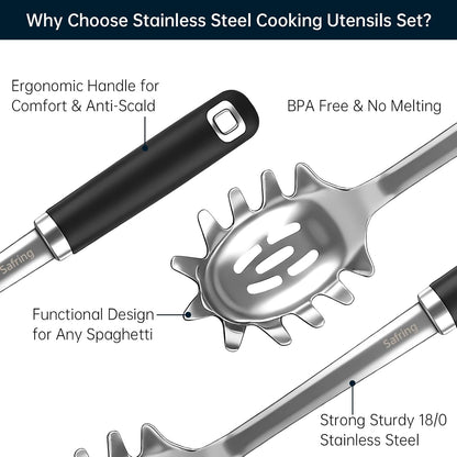Stainless Steel Soup Ladle and Spaghetti Spoon Set, Heat Resistant Rubber Handle, Dishwasher Safe, Kitchen Utensils for Cooking, Stirring, Serving Pasta, Soup & Sauce