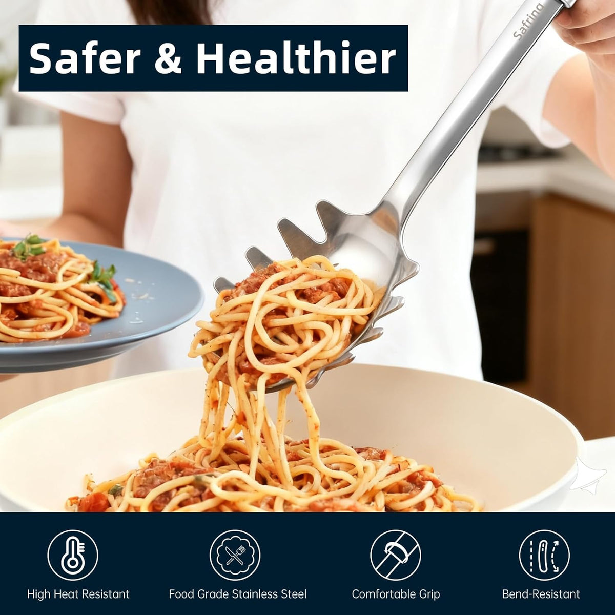Stainless Steel Soup Ladle and Spaghetti Spoon Set, Heat Resistant Rubber Handle, Dishwasher Safe, Kitchen Utensils for Cooking, Stirring, Serving Pasta, Soup & Sauce