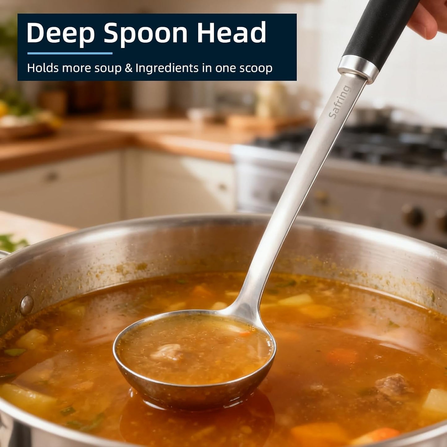 Stainless Steel Soup Ladle and Spaghetti Spoon Set, Heat Resistant Rubber Handle, Dishwasher Safe, Kitchen Utensils for Cooking, Stirring, Serving Pasta, Soup & Sauce