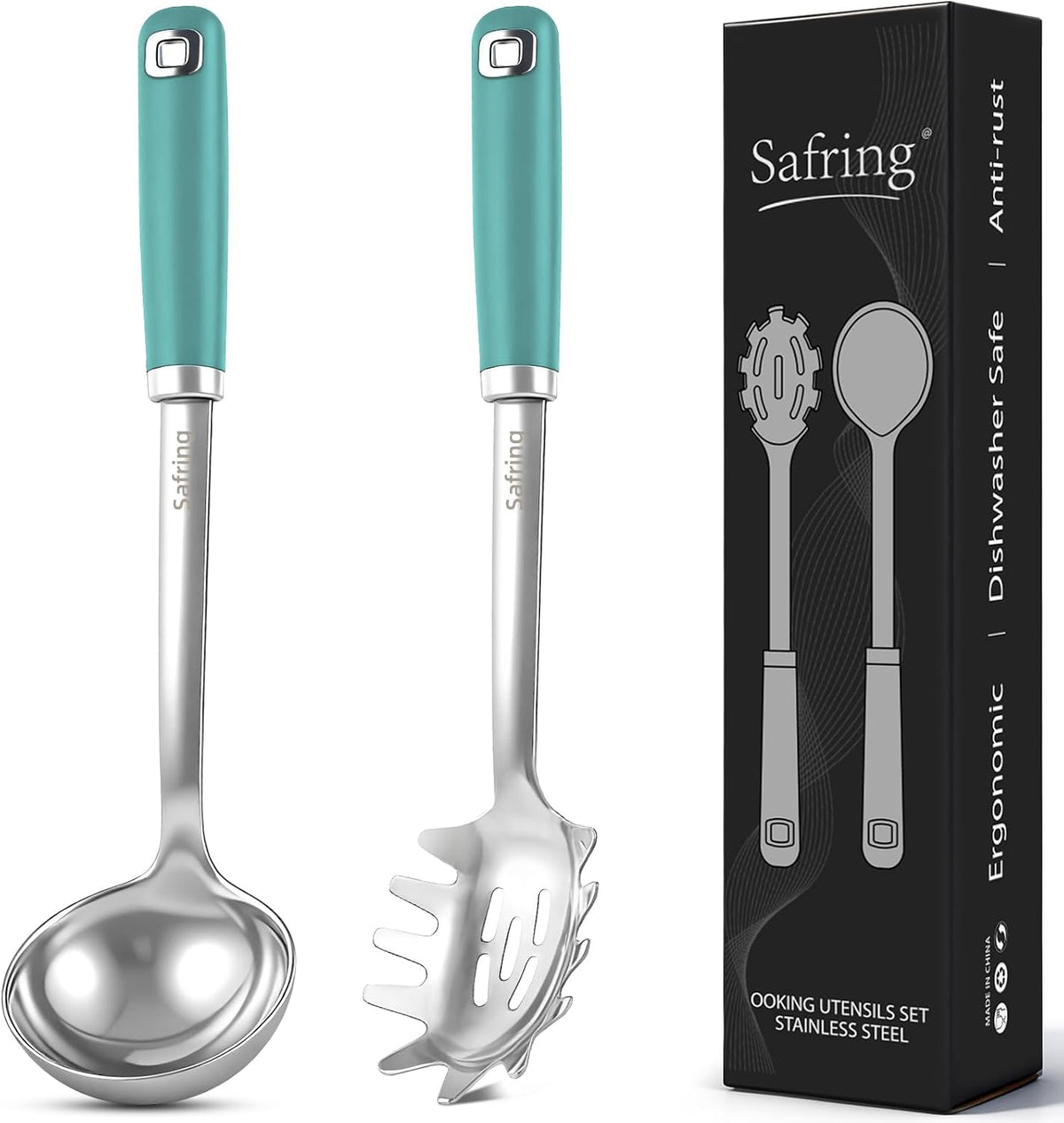 Stainless Steel Soup Ladle and Spaghetti Spoon Set, Heat Resistant Rubber Handle, Dishwasher Safe, Kitchen Utensils for Cooking, Stirring, Serving Pasta, Soup & Sauce