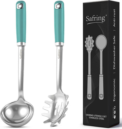 Stainless Steel Soup Ladle and Spaghetti Spoon Set, Heat Resistant Rubber Handle, Dishwasher Safe, Kitchen Utensils for Cooking, Stirring, Serving Pasta, Soup & Sauce