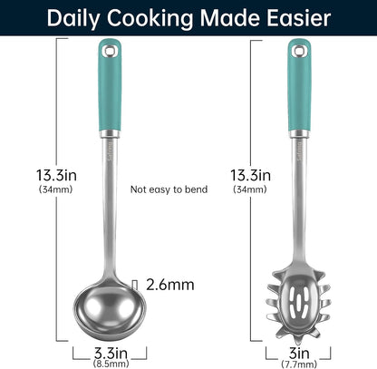 Stainless Steel Soup Ladle and Spaghetti Spoon Set, Heat Resistant Rubber Handle, Dishwasher Safe, Kitchen Utensils for Cooking, Stirring, Serving Pasta, Soup & Sauce