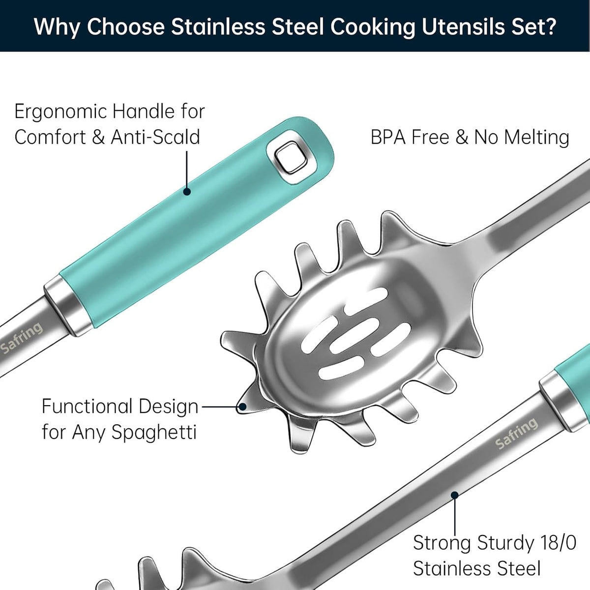 Stainless Steel Soup Ladle and Spaghetti Spoon Set, Heat Resistant Rubber Handle, Dishwasher Safe, Kitchen Utensils for Cooking, Stirring, Serving Pasta, Soup & Sauce