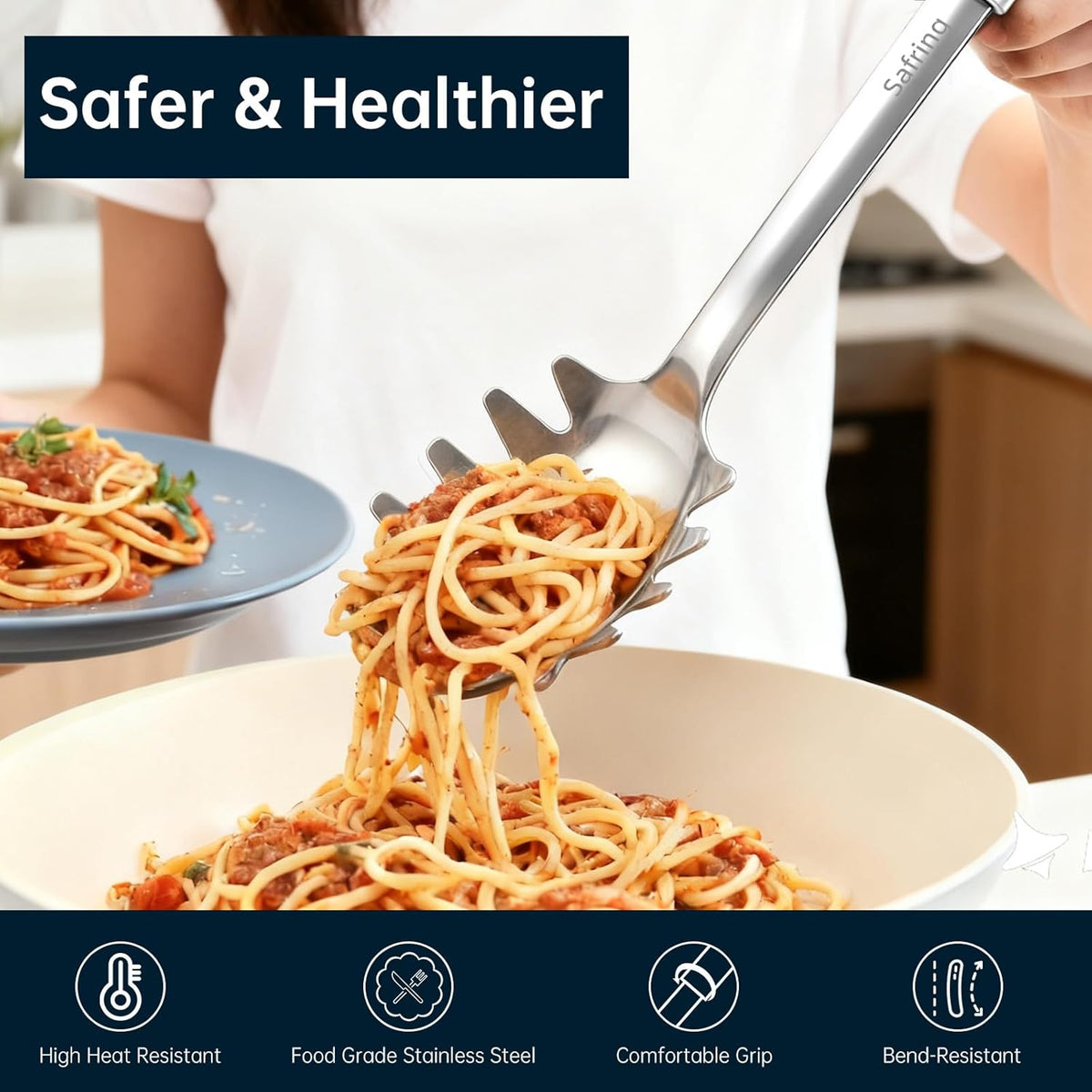 Stainless Steel Soup Ladle and Spaghetti Spoon Set, Heat Resistant Rubber Handle, Dishwasher Safe, Kitchen Utensils for Cooking, Stirring, Serving Pasta, Soup & Sauce