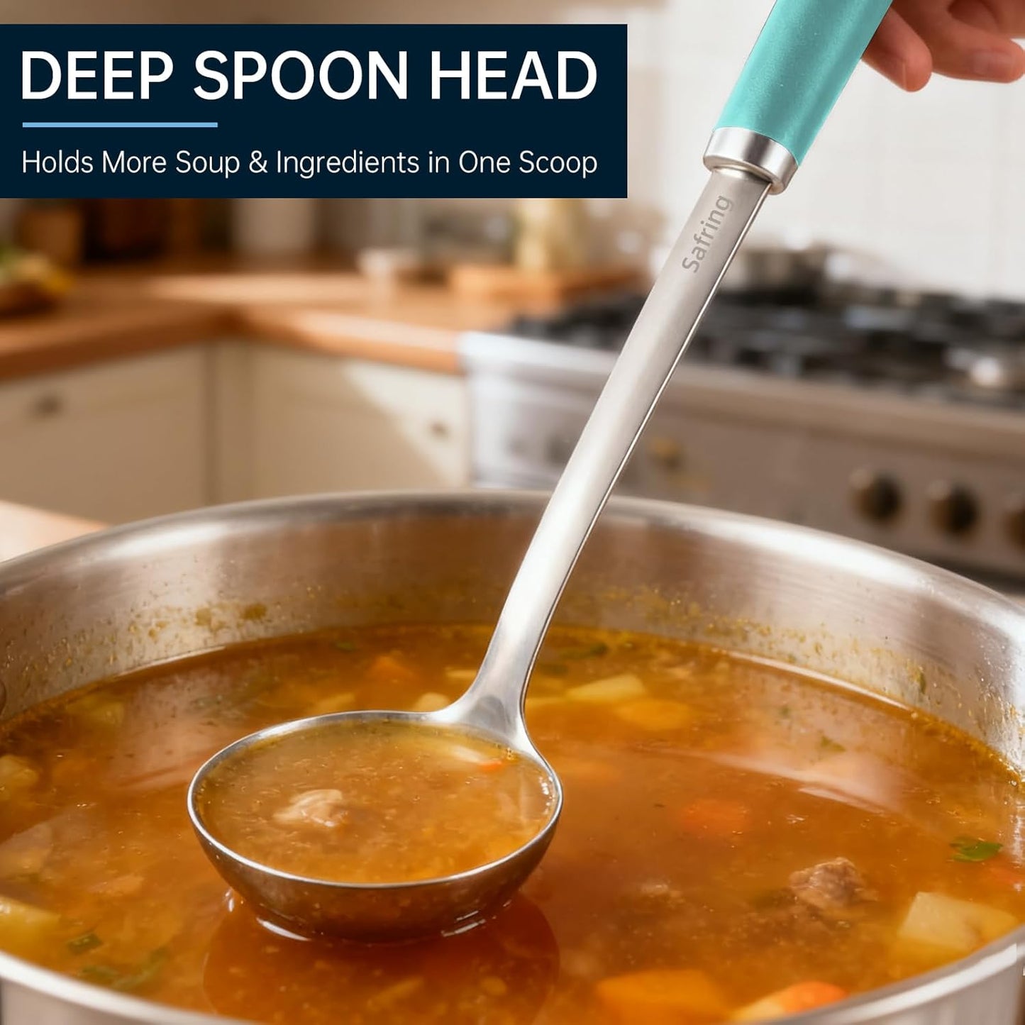 Stainless Steel Soup Ladle and Spaghetti Spoon Set, Heat Resistant Rubber Handle, Dishwasher Safe, Kitchen Utensils for Cooking, Stirring, Serving Pasta, Soup & Sauce