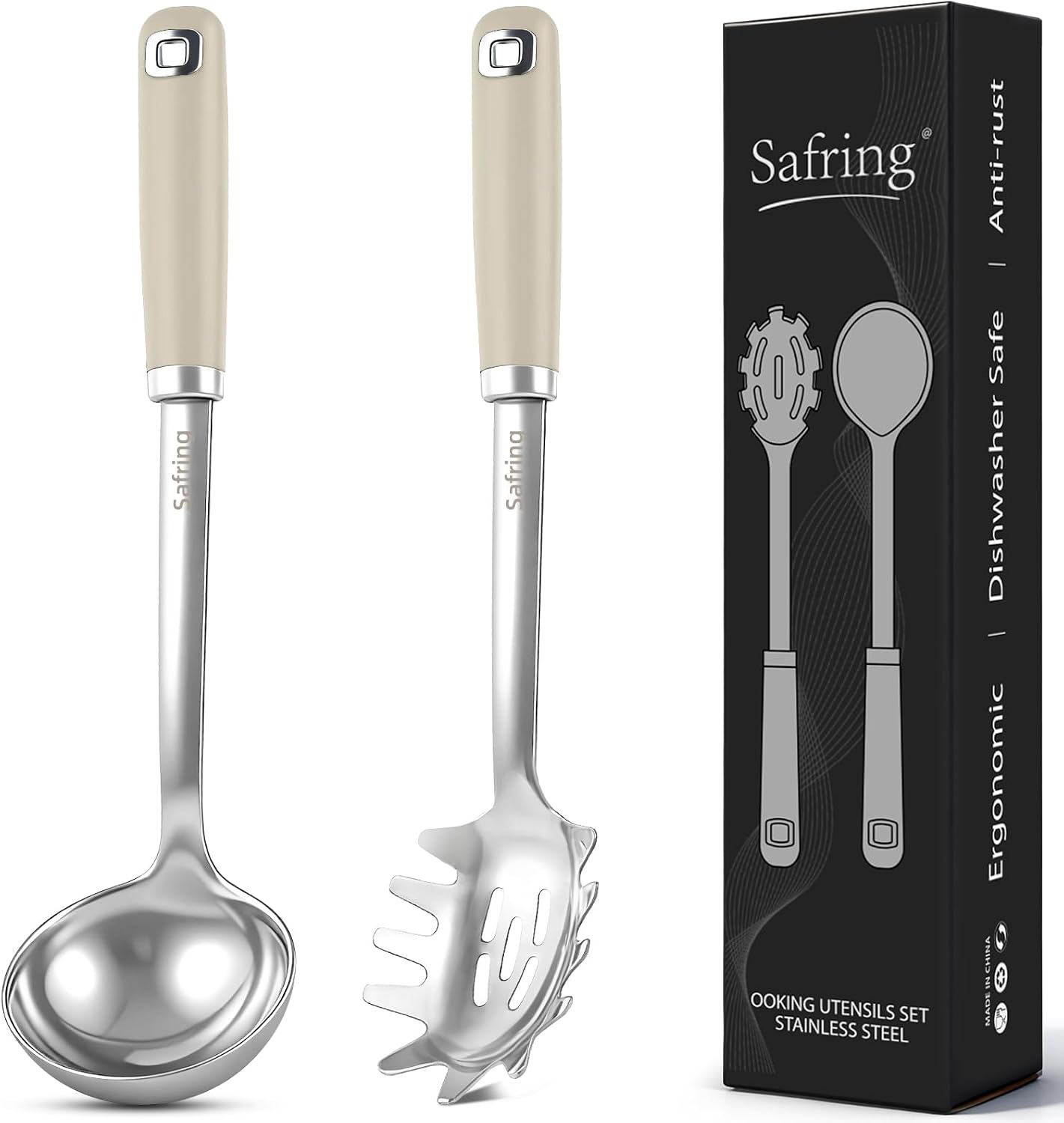 Stainless Steel Soup Ladle and Spaghetti Spoon Set, Heat Resistant Rubber Handle, Dishwasher Safe, Kitchen Utensils for Cooking, Stirring, Serving Pasta, Soup & Sauce