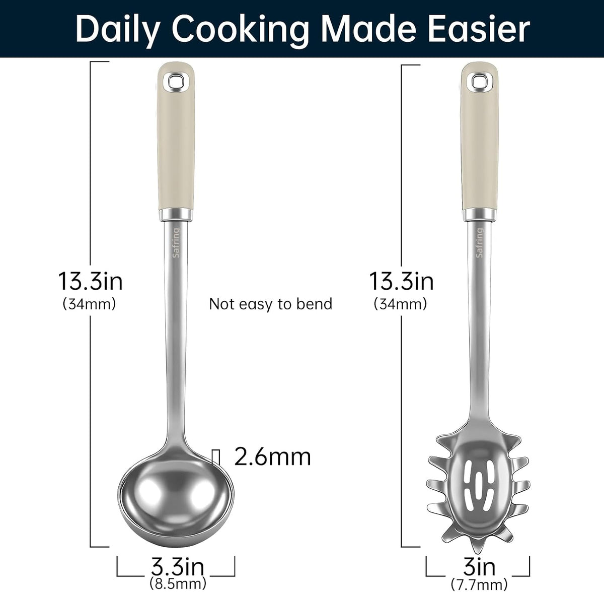 Stainless Steel Soup Ladle and Spaghetti Spoon Set, Heat Resistant Rubber Handle, Dishwasher Safe, Kitchen Utensils for Cooking, Stirring, Serving Pasta, Soup & Sauce