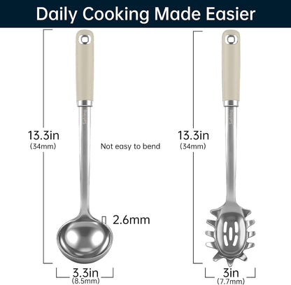 Stainless Steel Soup Ladle and Spaghetti Spoon Set, Heat Resistant Rubber Handle, Dishwasher Safe, Kitchen Utensils for Cooking, Stirring, Serving Pasta, Soup & Sauce