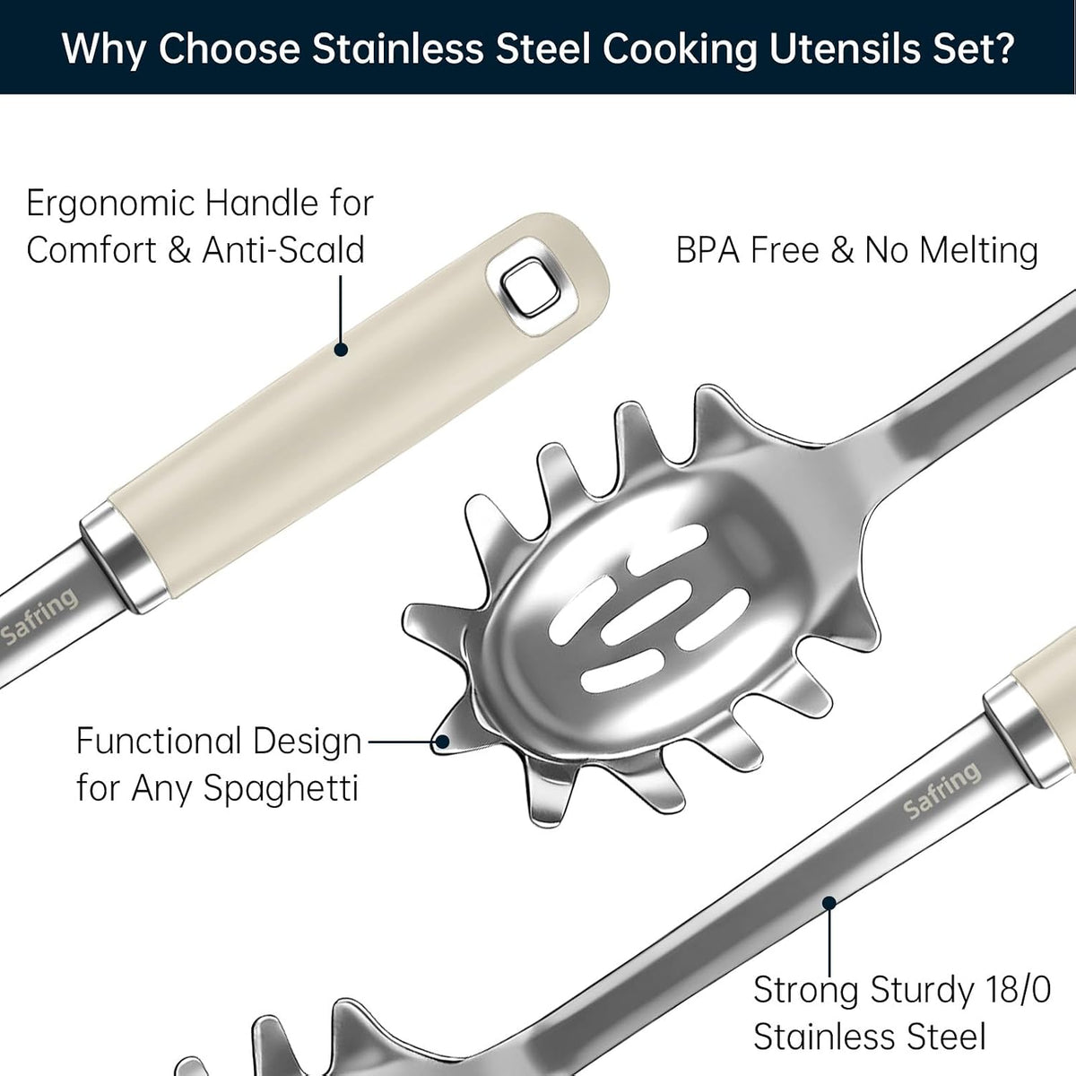 Stainless Steel Soup Ladle and Spaghetti Spoon Set, Heat Resistant Rubber Handle, Dishwasher Safe, Kitchen Utensils for Cooking, Stirring, Serving Pasta, Soup & Sauce