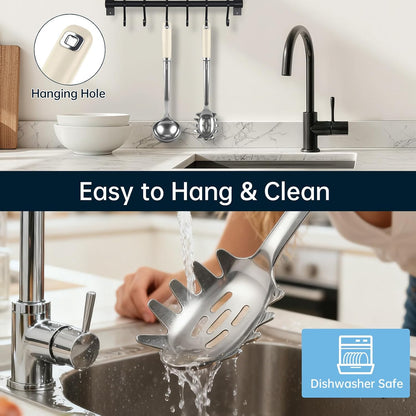 Stainless Steel Soup Ladle and Spaghetti Spoon Set, Heat Resistant Rubber Handle, Dishwasher Safe, Kitchen Utensils for Cooking, Stirring, Serving Pasta, Soup & Sauce