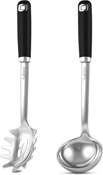 Stainless Steel Soup Ladle and Spaghetti Spoon Set, Heat Resistant Rubber Handle, Dishwasher Safe, Kitchen Utensils for Cooking, Stirring, Serving Pasta, Soup & Sauce