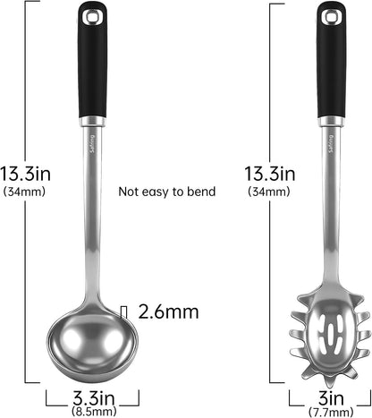 Stainless Steel Soup Ladle and Spaghetti Spoon Set, Heat Resistant Rubber Handle, Dishwasher Safe, Kitchen Utensils for Cooking, Stirring, Serving Pasta, Soup & Sauce
