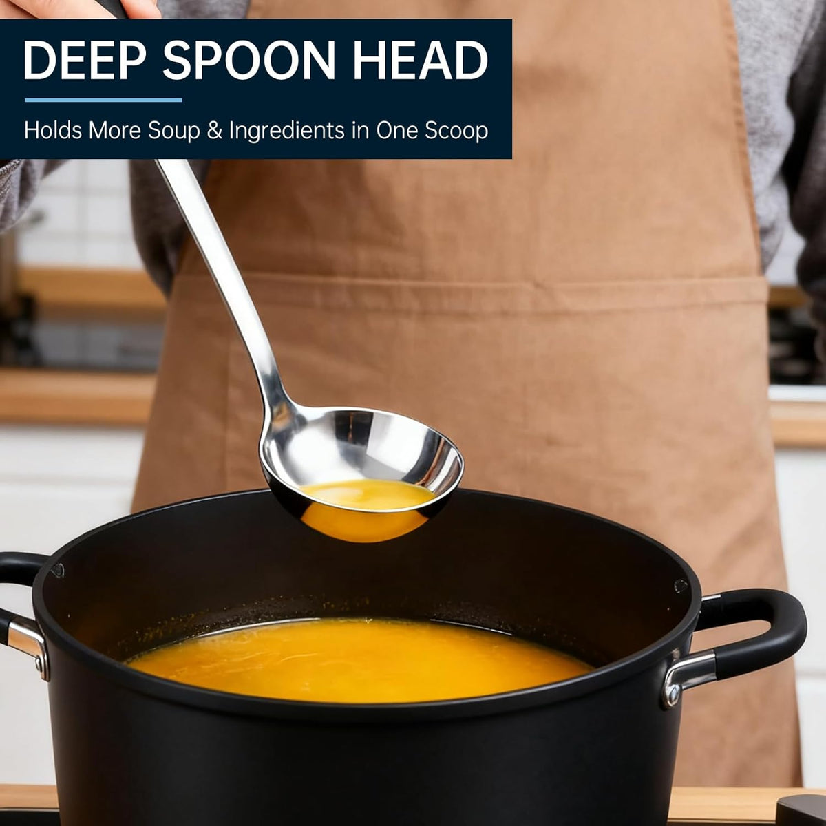 Stainless Steel Soup Ladle and Spaghetti Spoon Set, Heat Resistant Rubber Handle, Dishwasher Safe, Kitchen Utensils for Cooking, Stirring, Serving Pasta, Soup & Sauce