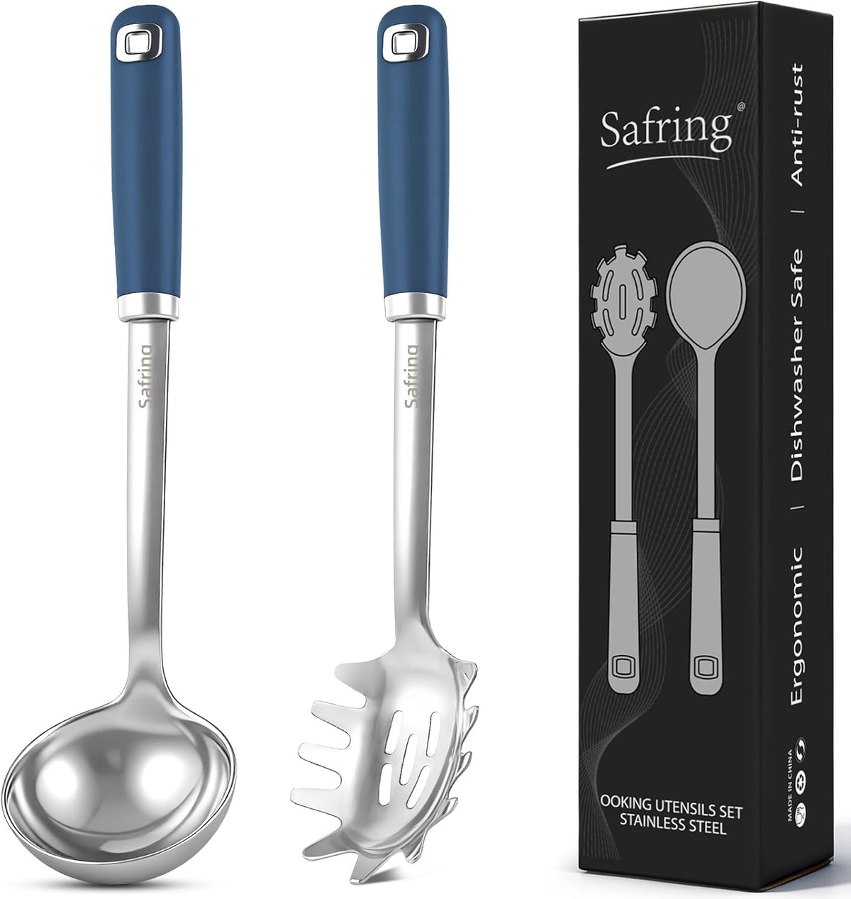 Stainless Steel Soup Ladle and Spaghetti Spoon Set, Heat Resistant Rubber Handle, Dishwasher Safe, Kitchen Utensils for Cooking, Stirring, Serving Pasta, Soup & Sauce
