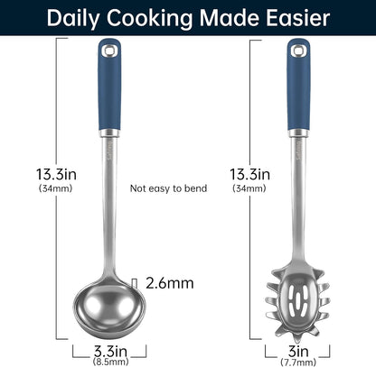 Stainless Steel Soup Ladle and Spaghetti Spoon Set, Heat Resistant Rubber Handle, Dishwasher Safe, Kitchen Utensils for Cooking, Stirring, Serving Pasta, Soup & Sauce