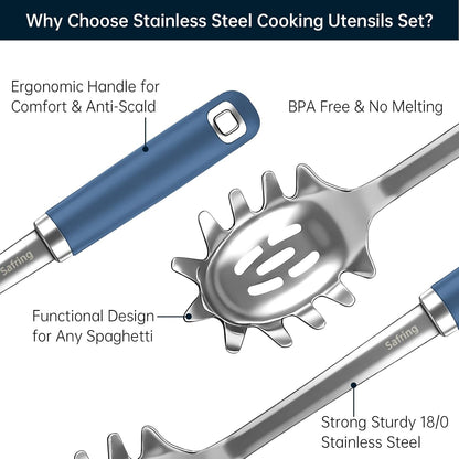Stainless Steel Soup Ladle and Spaghetti Spoon Set, Heat Resistant Rubber Handle, Dishwasher Safe, Kitchen Utensils for Cooking, Stirring, Serving Pasta, Soup & Sauce