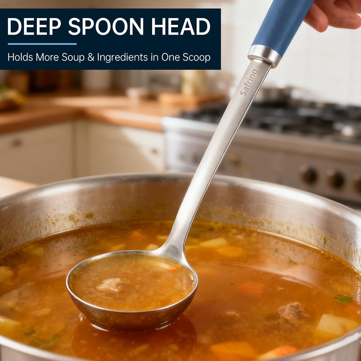 Stainless Steel Soup Ladle and Spaghetti Spoon Set, Heat Resistant Rubber Handle, Dishwasher Safe, Kitchen Utensils for Cooking, Stirring, Serving Pasta, Soup & Sauce