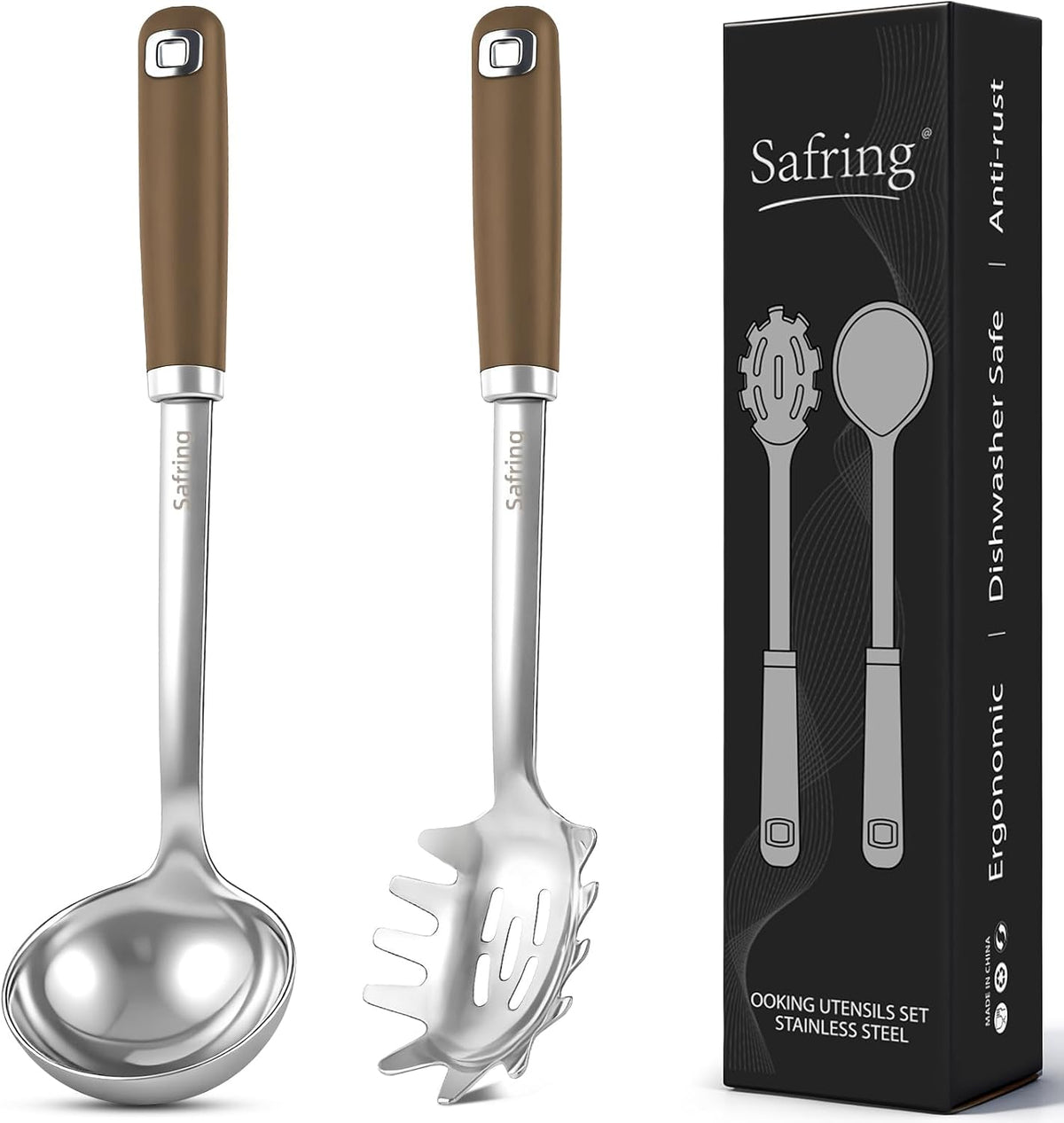 Stainless Steel Soup Ladle and Spaghetti Spoon Set, Heat Resistant Rubber Handle, Dishwasher Safe, Kitchen Utensils for Cooking, Stirring, Serving Pasta, Soup & Sauce