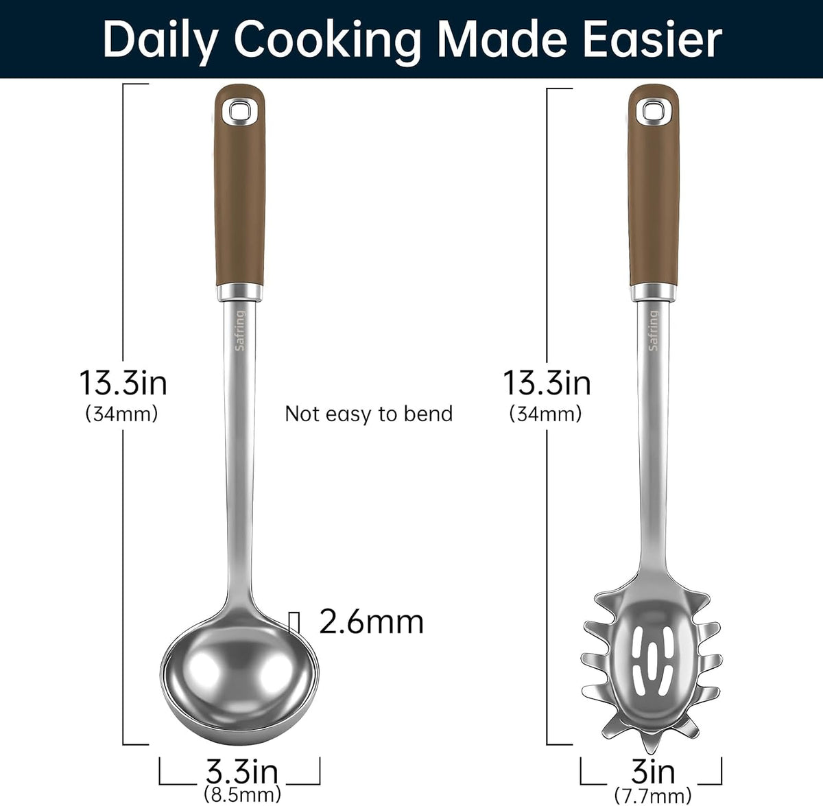 Stainless Steel Soup Ladle and Spaghetti Spoon Set, Heat Resistant Rubber Handle, Dishwasher Safe, Kitchen Utensils for Cooking, Stirring, Serving Pasta, Soup & Sauce