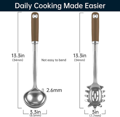 Stainless Steel Soup Ladle and Spaghetti Spoon Set, Heat Resistant Rubber Handle, Dishwasher Safe, Kitchen Utensils for Cooking, Stirring, Serving Pasta, Soup & Sauce