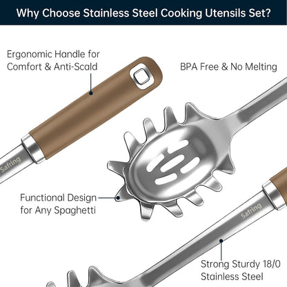 Stainless Steel Soup Ladle and Spaghetti Spoon Set, Heat Resistant Rubber Handle, Dishwasher Safe, Kitchen Utensils for Cooking, Stirring, Serving Pasta, Soup & Sauce