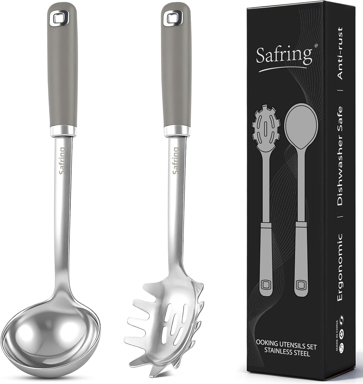 Stainless Steel Soup Ladle and Spaghetti Spoon Set, Heat Resistant Rubber Handle, Dishwasher Safe, Kitchen Utensils for Cooking, Stirring, Serving Pasta, Soup & Sauce