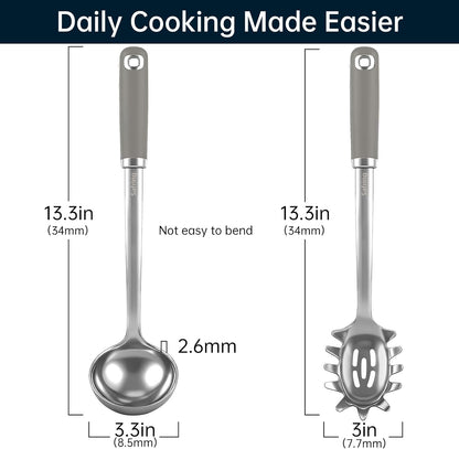 Stainless Steel Soup Ladle and Spaghetti Spoon Set, Heat Resistant Rubber Handle, Dishwasher Safe, Kitchen Utensils for Cooking, Stirring, Serving Pasta, Soup & Sauce