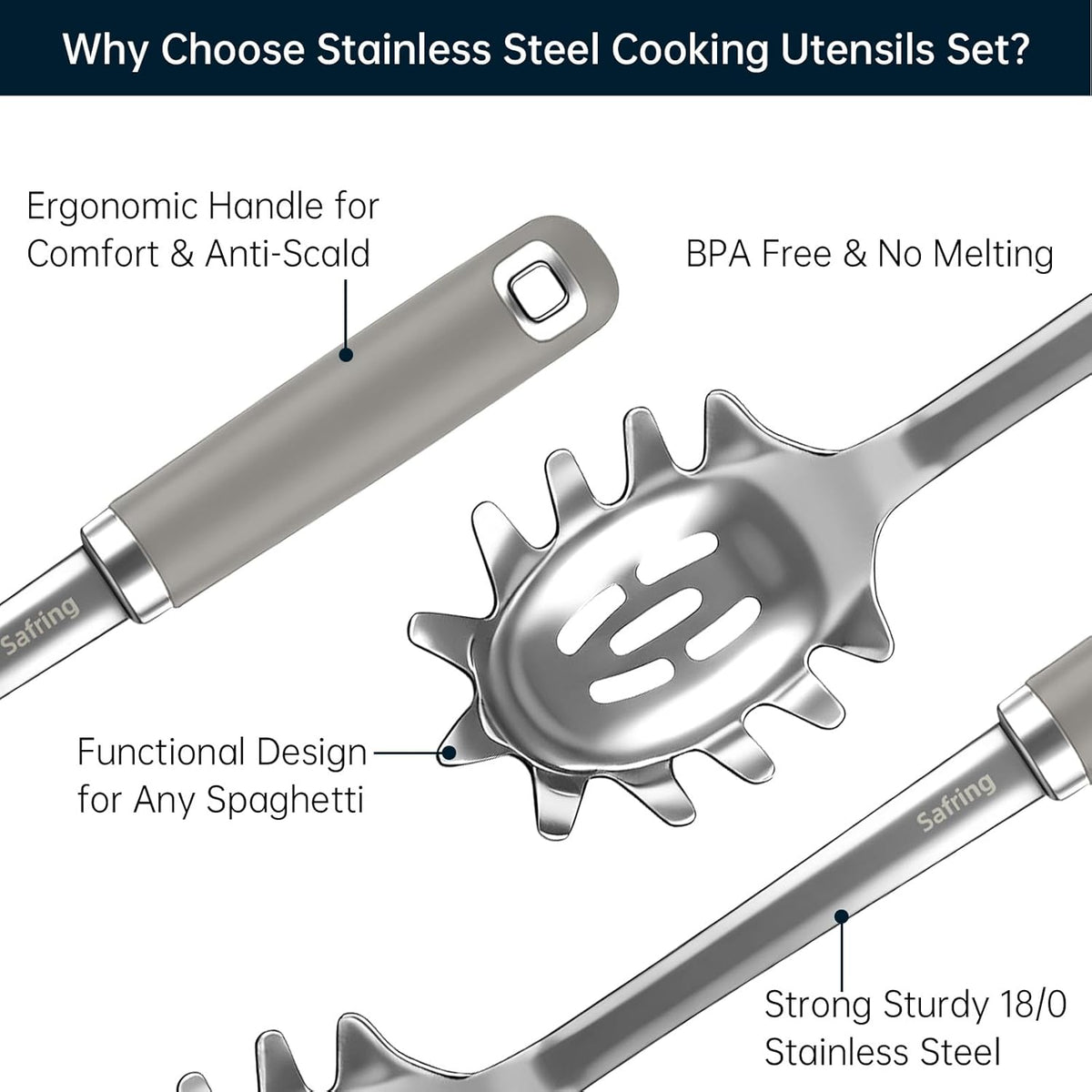 Stainless Steel Soup Ladle and Spaghetti Spoon Set, Heat Resistant Rubber Handle, Dishwasher Safe, Kitchen Utensils for Cooking, Stirring, Serving Pasta, Soup & Sauce