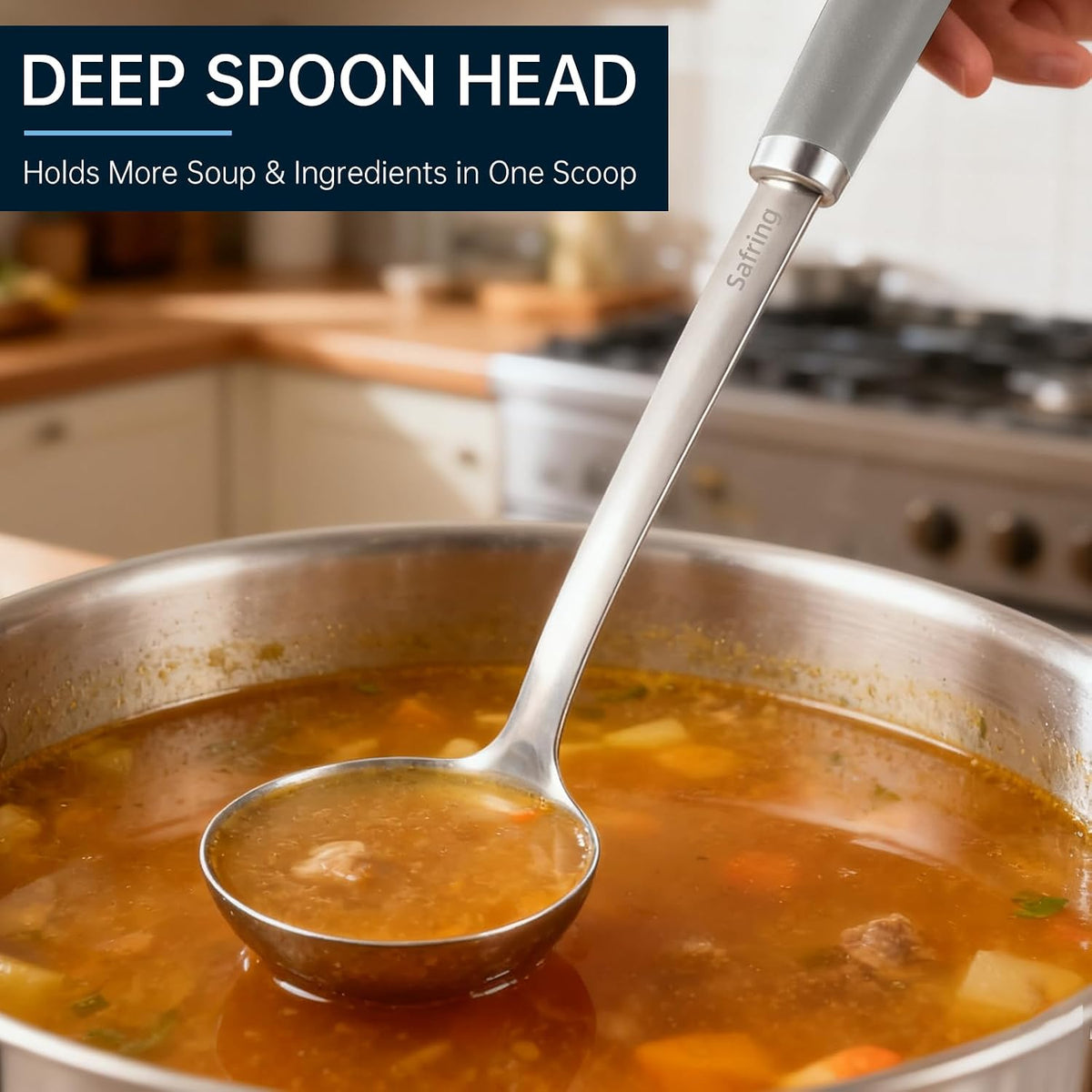 Stainless Steel Soup Ladle and Spaghetti Spoon Set, Heat Resistant Rubber Handle, Dishwasher Safe, Kitchen Utensils for Cooking, Stirring, Serving Pasta, Soup & Sauce