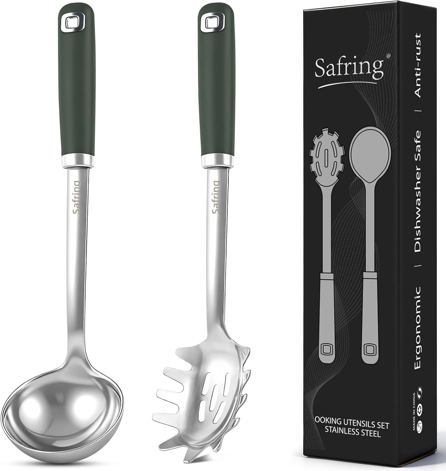 Stainless Steel Soup Ladle and Spaghetti Spoon Set, Heat Resistant Rubber Handle, Dishwasher Safe, Kitchen Utensils for Cooking, Stirring, Serving Pasta, Soup & Sauce