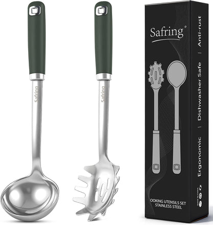 Stainless Steel Soup Ladle and Spaghetti Spoon Set, Heat Resistant Rubber Handle, Dishwasher Safe, Kitchen Utensils for Cooking, Stirring, Serving Pasta, Soup & Sauce