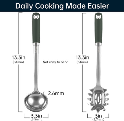 Stainless Steel Soup Ladle and Spaghetti Spoon Set, Heat Resistant Rubber Handle, Dishwasher Safe, Kitchen Utensils for Cooking, Stirring, Serving Pasta, Soup & Sauce