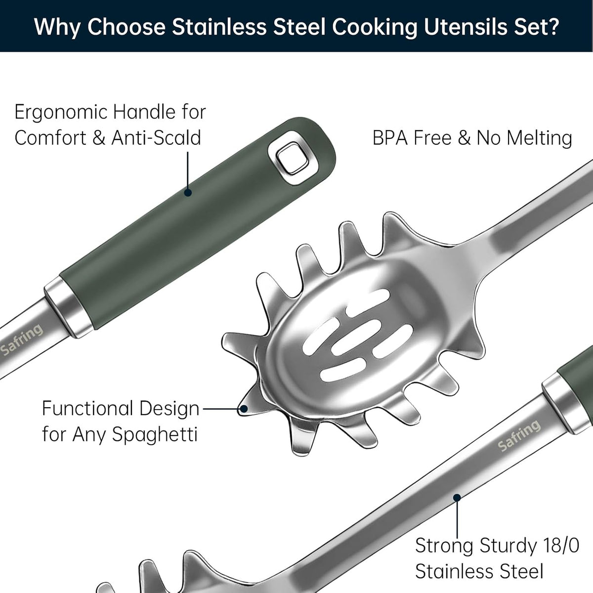 Stainless Steel Soup Ladle and Spaghetti Spoon Set, Heat Resistant Rubber Handle, Dishwasher Safe, Kitchen Utensils for Cooking, Stirring, Serving Pasta, Soup & Sauce