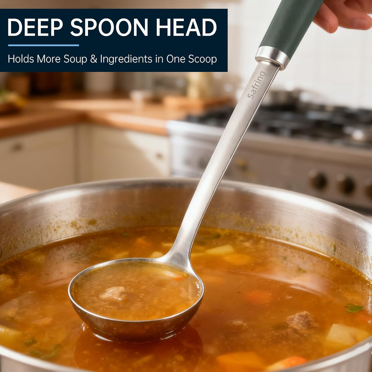 Stainless Steel Soup Ladle and Spaghetti Spoon Set, Heat Resistant Rubber Handle, Dishwasher Safe, Kitchen Utensils for Cooking, Stirring, Serving Pasta, Soup & Sauce