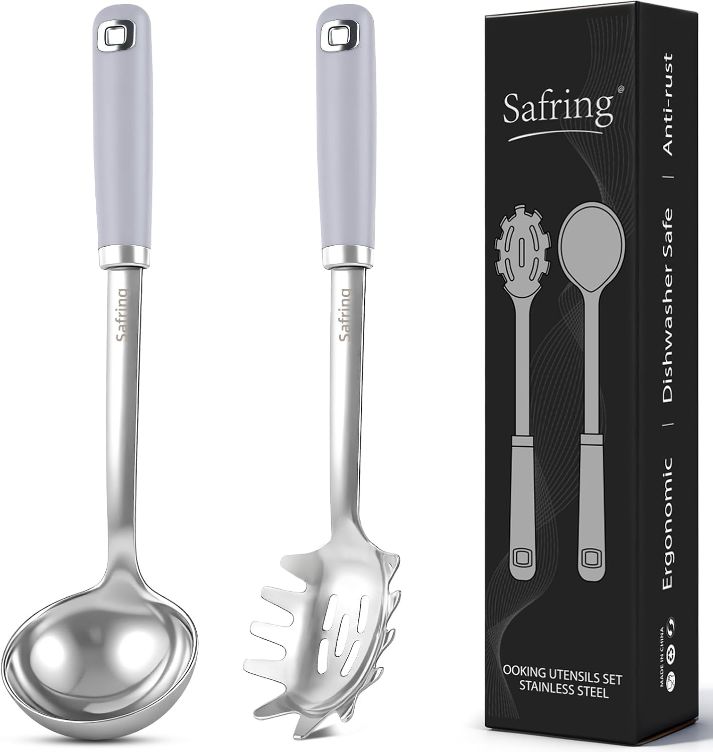 Stainless Steel Soup Ladle and Spaghetti Spoon Set, Heat Resistant Rubber Handle, Dishwasher Safe, Kitchen Utensils for Cooking, Stirring, Serving Pasta, Soup & Sauce