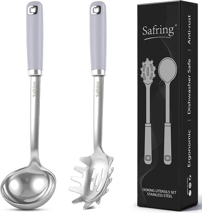 Stainless Steel Soup Ladle and Spaghetti Spoon Set, Heat Resistant Rubber Handle, Dishwasher Safe, Kitchen Utensils for Cooking, Stirring, Serving Pasta, Soup & Sauce