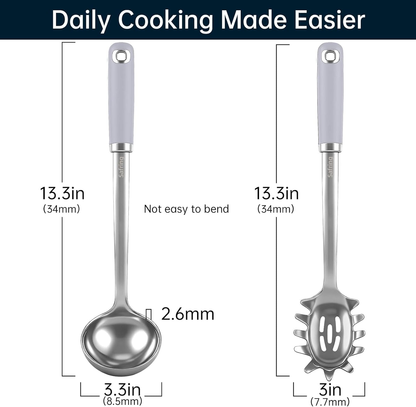 Stainless Steel Soup Ladle and Spaghetti Spoon Set, Heat Resistant Rubber Handle, Dishwasher Safe, Kitchen Utensils for Cooking, Stirring, Serving Pasta, Soup & Sauce