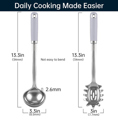 Stainless Steel Soup Ladle and Spaghetti Spoon Set, Heat Resistant Rubber Handle, Dishwasher Safe, Kitchen Utensils for Cooking, Stirring, Serving Pasta, Soup & Sauce