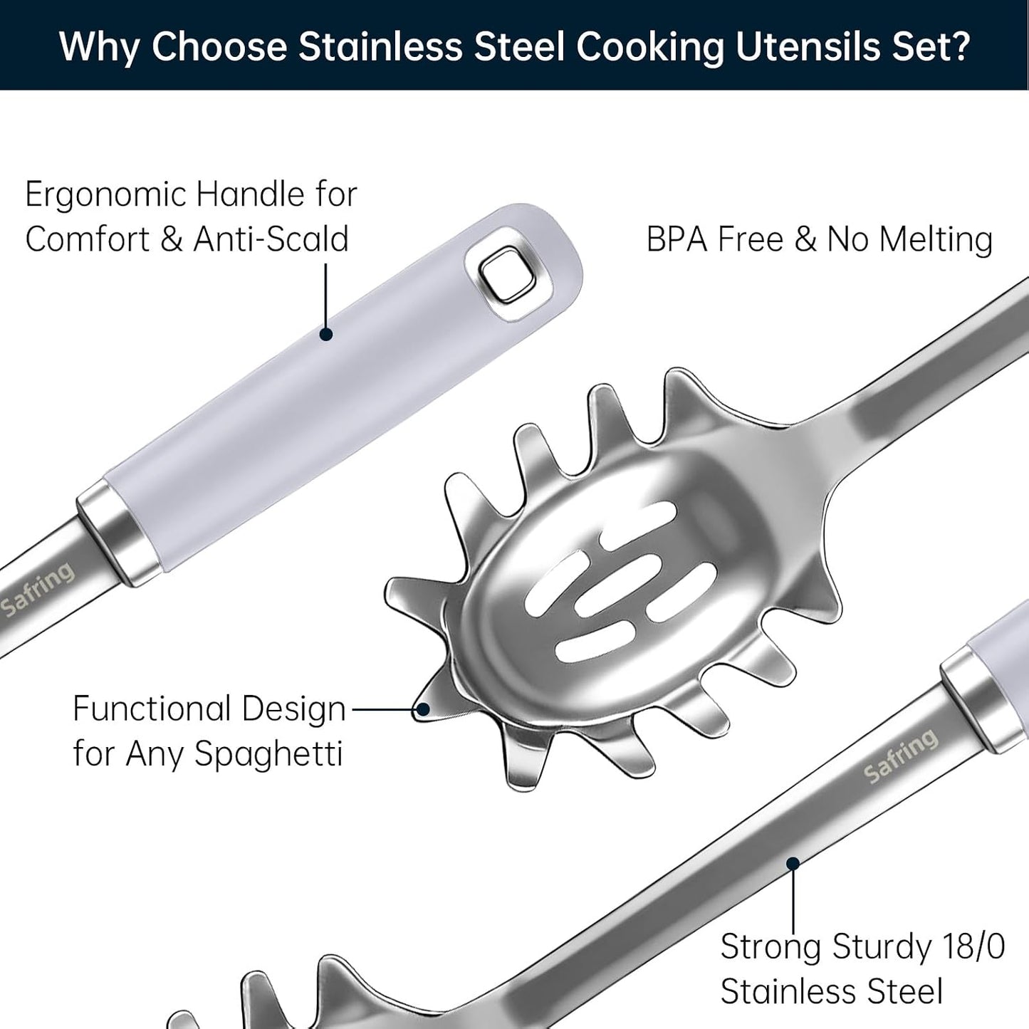 Stainless Steel Soup Ladle and Spaghetti Spoon Set, Heat Resistant Rubber Handle, Dishwasher Safe, Kitchen Utensils for Cooking, Stirring, Serving Pasta, Soup & Sauce