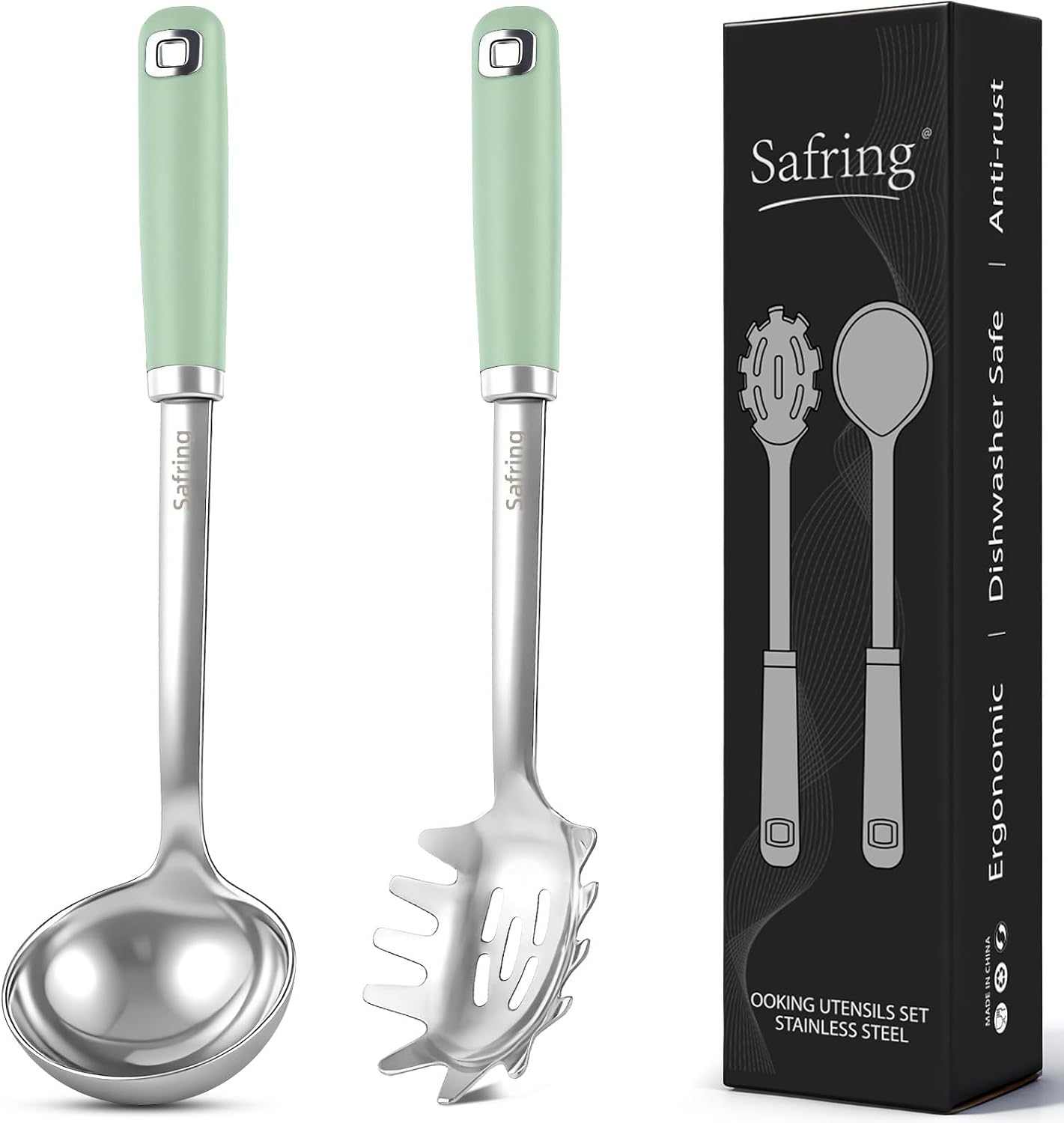 Stainless Steel Soup Ladle and Spaghetti Spoon Set, Heat Resistant Rubber Handle, Dishwasher Safe, Kitchen Utensils for Cooking, Stirring, Serving Pasta, Soup & Sauce
