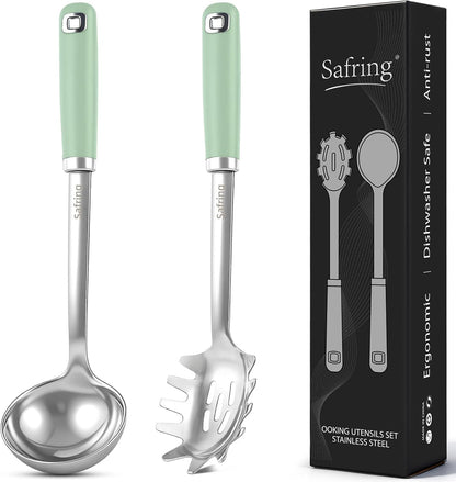 Stainless Steel Soup Ladle and Spaghetti Spoon Set, Heat Resistant Rubber Handle, Dishwasher Safe, Kitchen Utensils for Cooking, Stirring, Serving Pasta, Soup & Sauce