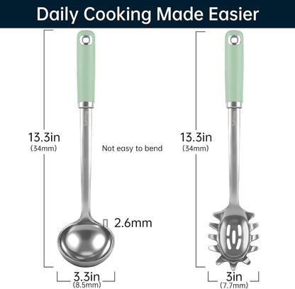 Stainless Steel Soup Ladle and Spaghetti Spoon Set, Heat Resistant Rubber Handle, Dishwasher Safe, Kitchen Utensils for Cooking, Stirring, Serving Pasta, Soup & Sauce
