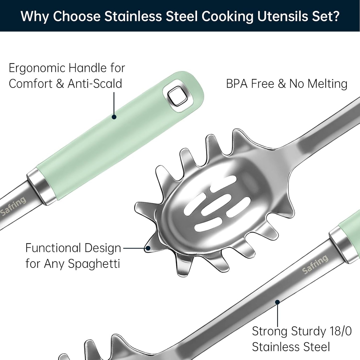 Stainless Steel Soup Ladle and Spaghetti Spoon Set, Heat Resistant Rubber Handle, Dishwasher Safe, Kitchen Utensils for Cooking, Stirring, Serving Pasta, Soup & Sauce