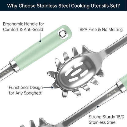 Stainless Steel Soup Ladle and Spaghetti Spoon Set, Heat Resistant Rubber Handle, Dishwasher Safe, Kitchen Utensils for Cooking, Stirring, Serving Pasta, Soup & Sauce