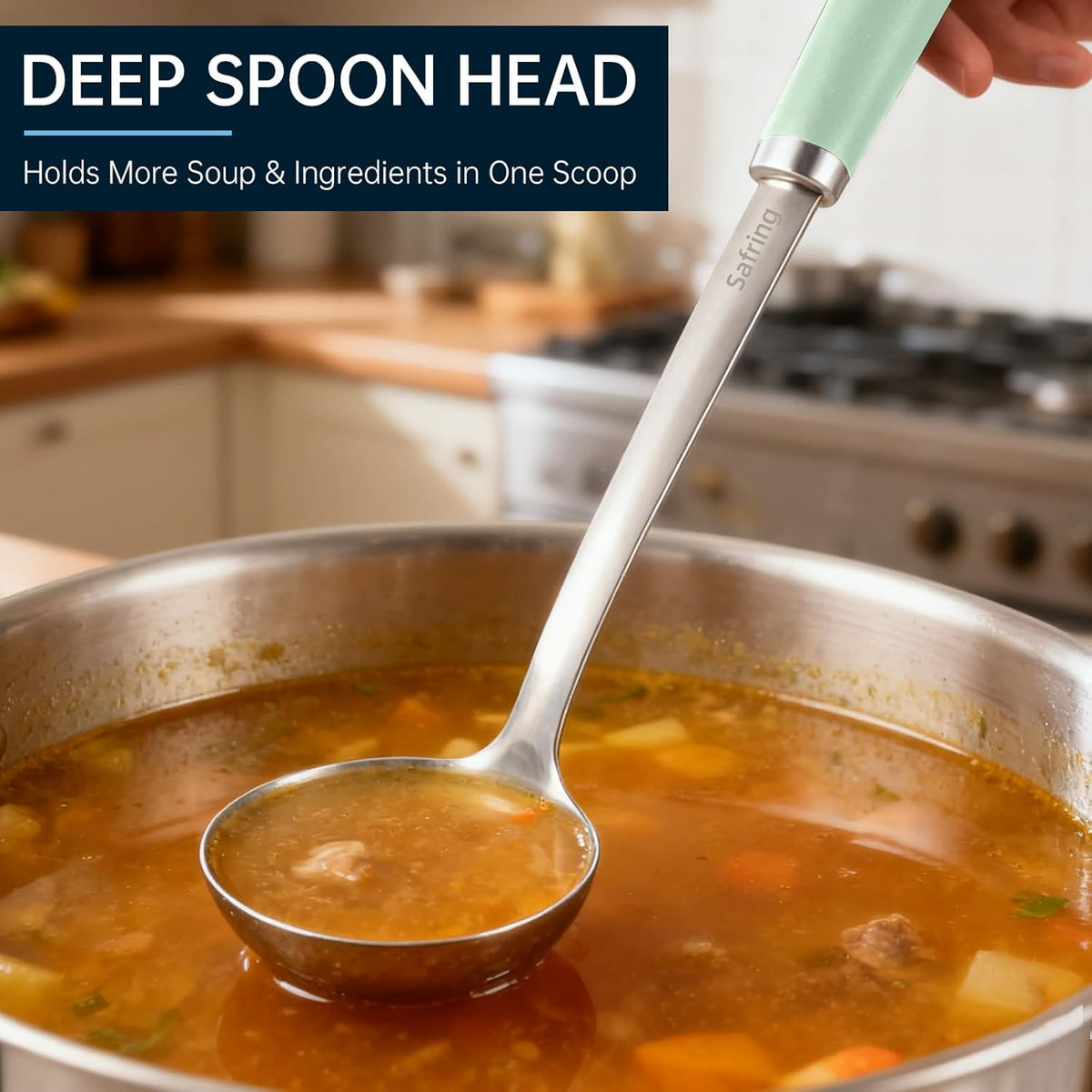 Stainless Steel Soup Ladle and Spaghetti Spoon Set, Heat Resistant Rubber Handle, Dishwasher Safe, Kitchen Utensils for Cooking, Stirring, Serving Pasta, Soup & Sauce