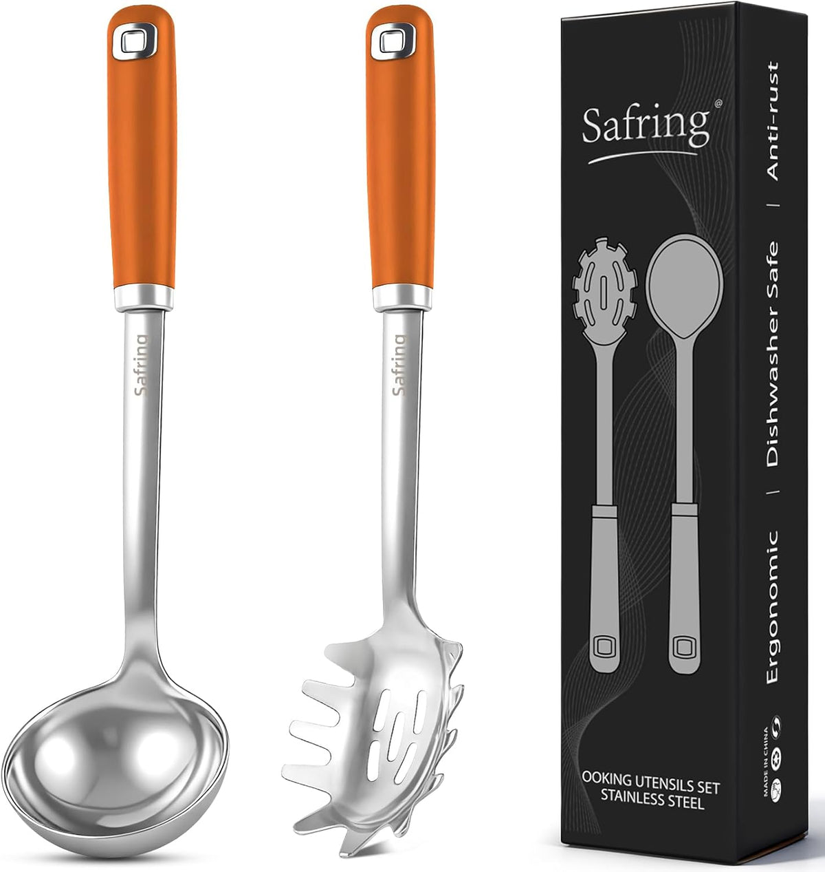 Stainless Steel Soup Ladle and Spaghetti Spoon Set, Heat Resistant Rubber Handle, Dishwasher Safe, Kitchen Utensils for Cooking, Stirring, Serving Pasta, Soup & Sauce