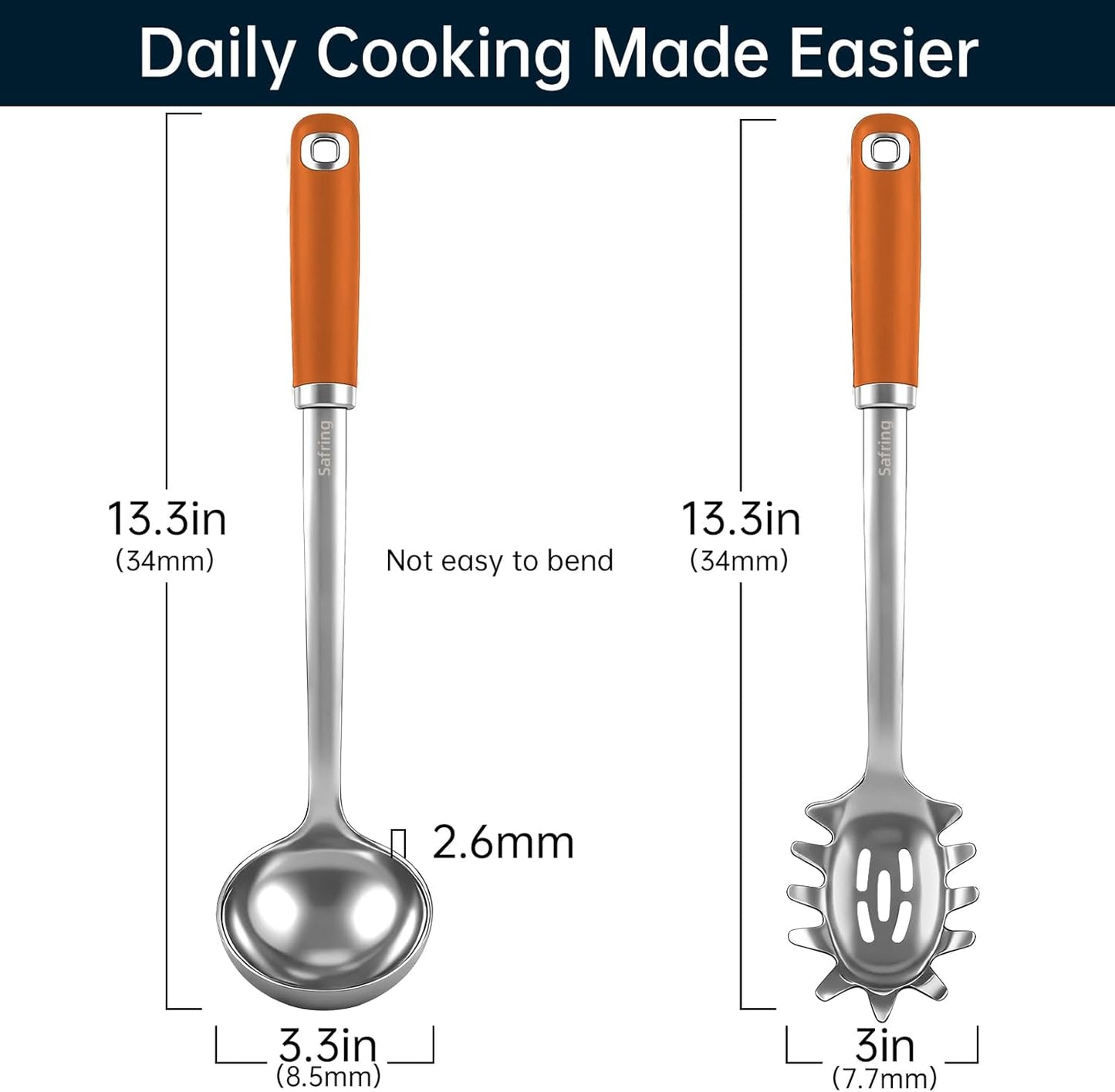 Stainless Steel Soup Ladle and Spaghetti Spoon Set, Heat Resistant Rubber Handle, Dishwasher Safe, Kitchen Utensils for Cooking, Stirring, Serving Pasta, Soup & Sauce