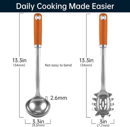 Stainless Steel Soup Ladle and Spaghetti Spoon Set, Heat Resistant Rubber Handle, Dishwasher Safe, Kitchen Utensils for Cooking, Stirring, Serving Pasta, Soup & Sauce